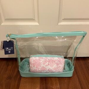 Roberta Roller Rabbit Clear Cosmetic Bag with Mint Trim and Pink Floral Pouch